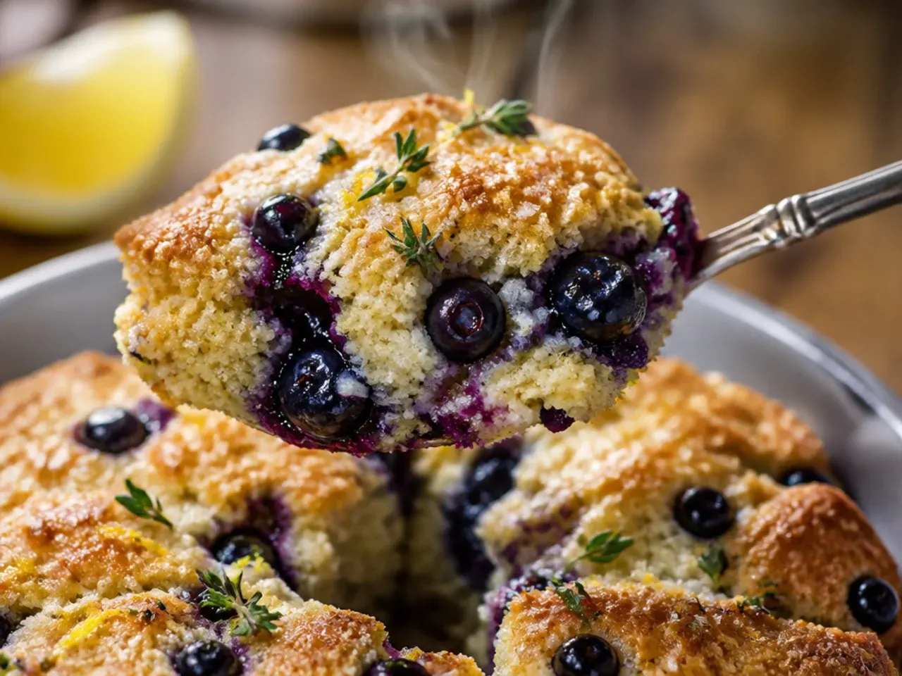 Close-up of lemon zest and fresh blueberries being folded into pale scone dough