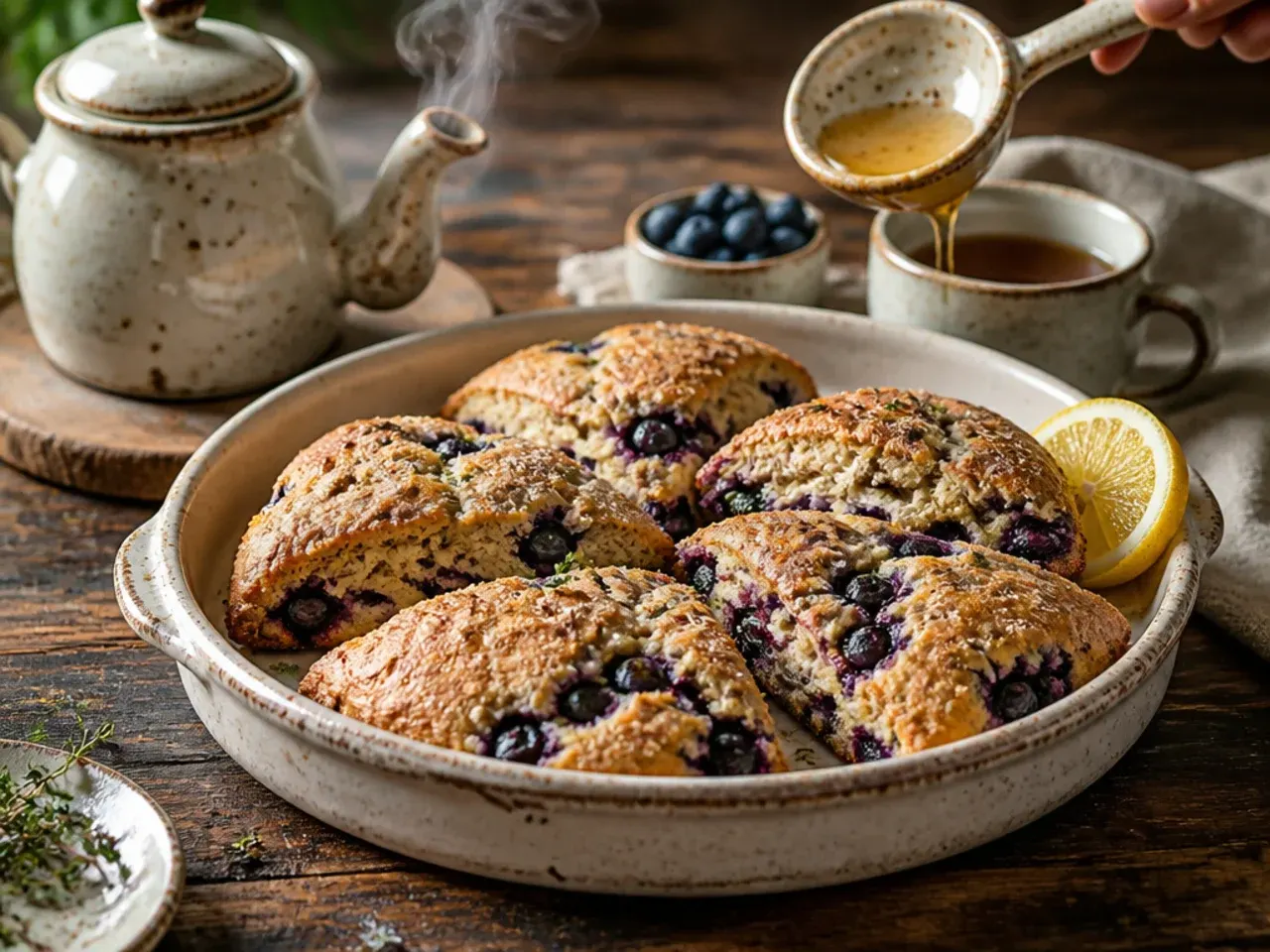 Cinnamon-dusted blueberry scones stacked on a plate with a mug of tea in the background
