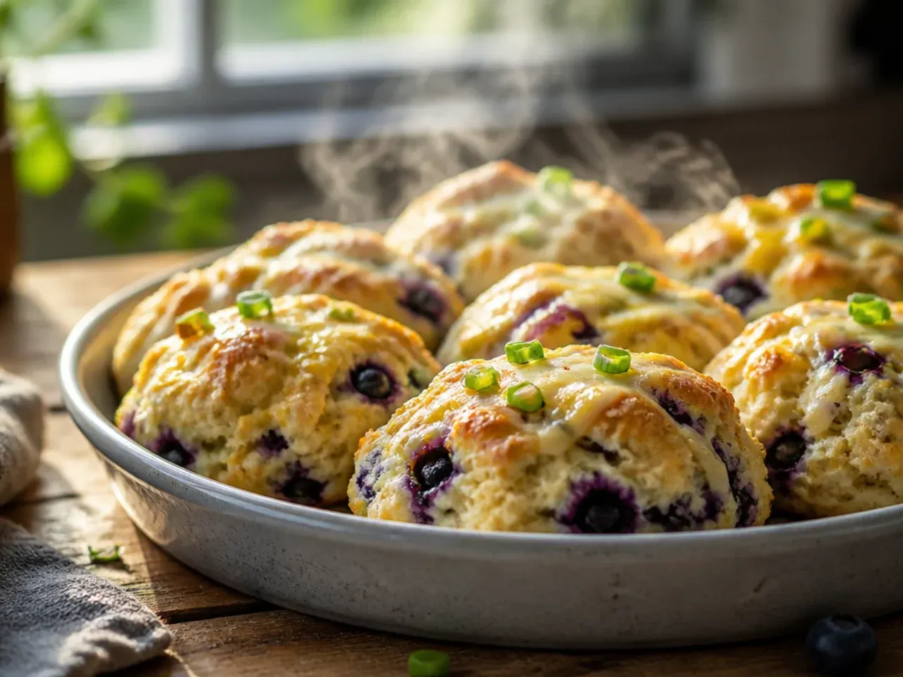 A split cream tea style blueberry scone topped with clotted cream and blueberry jam