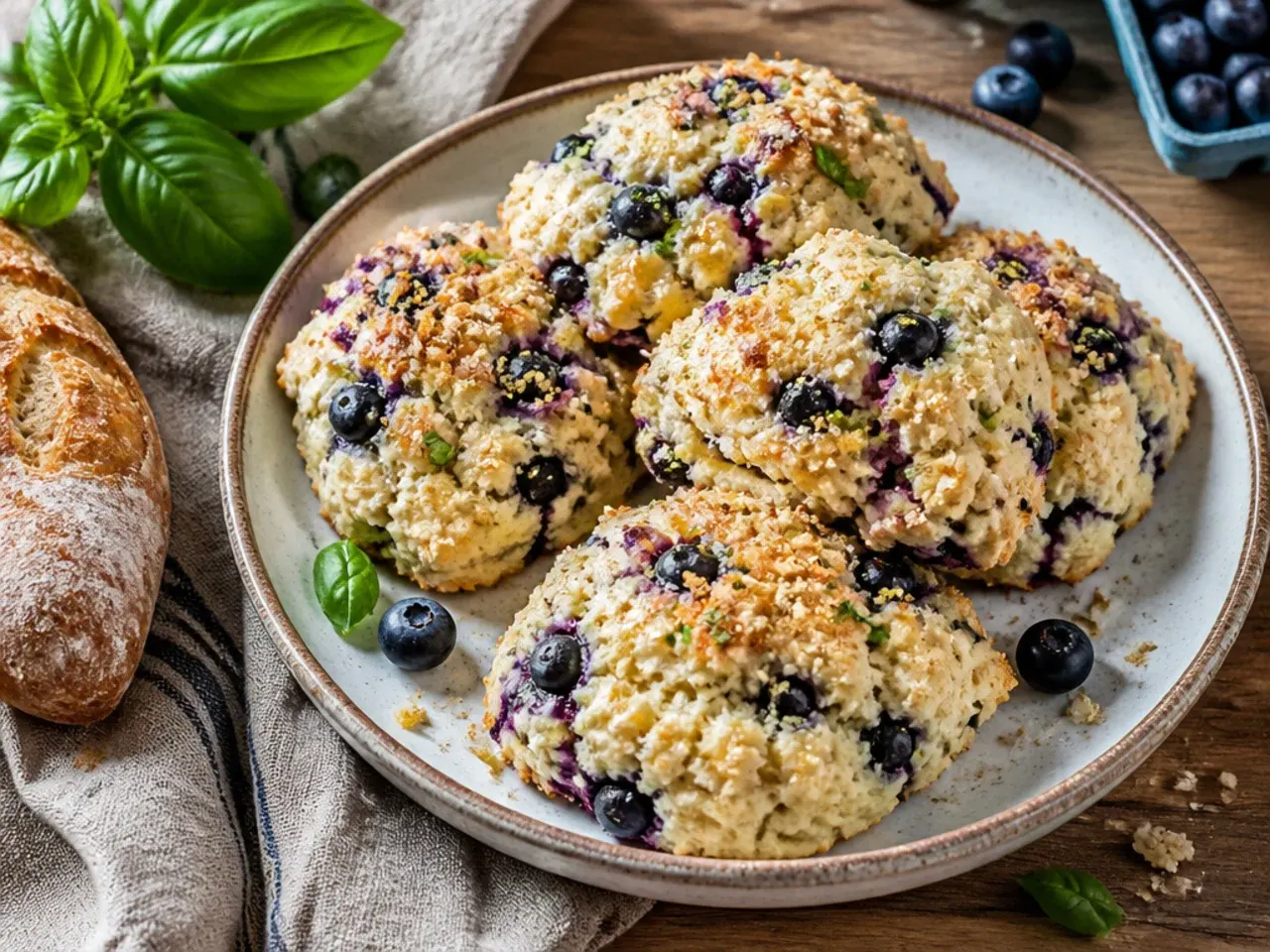 Five simple ingredients for scones arranged on a wooden board next to a mixing bowl