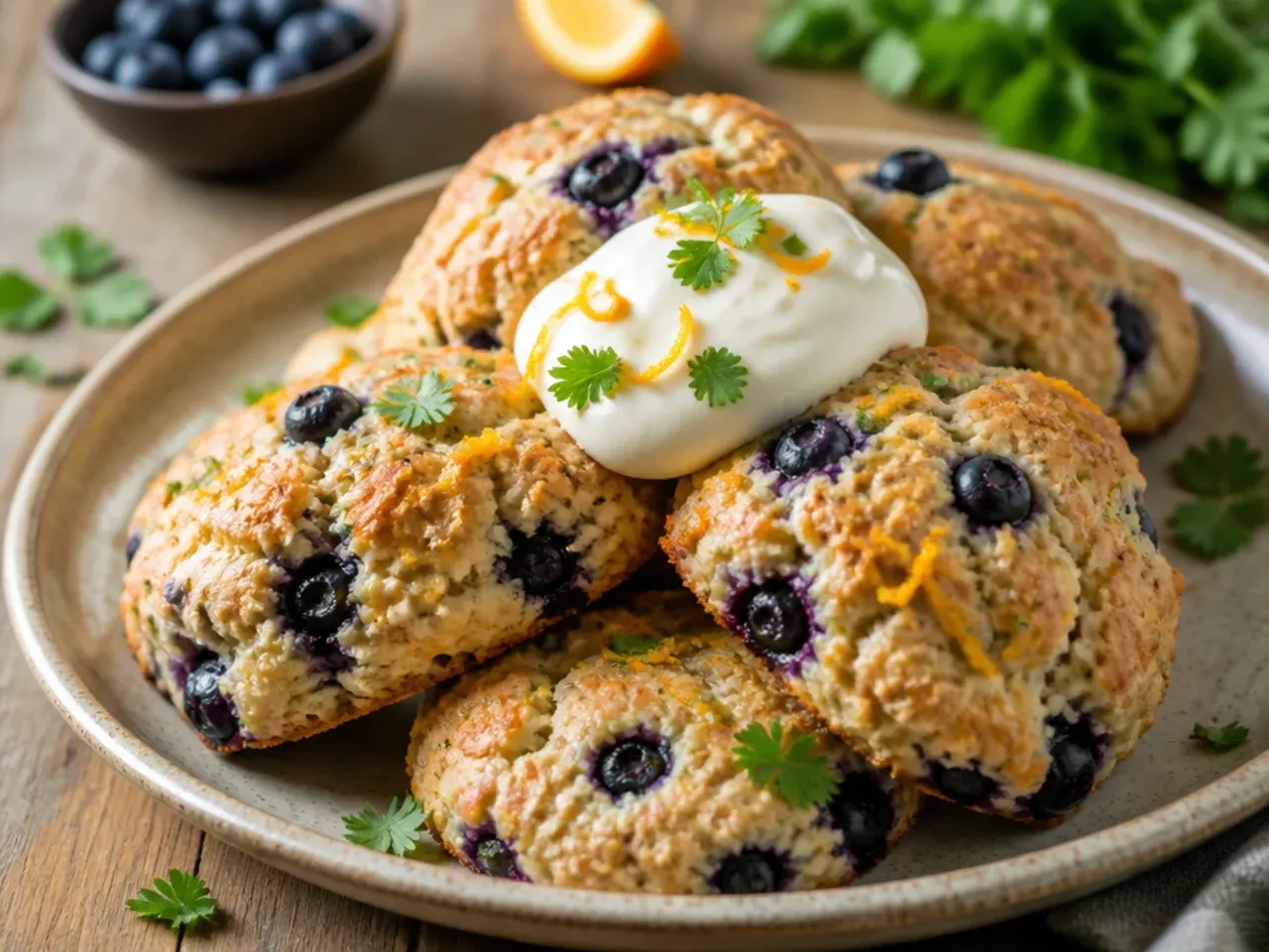 Orange-glazed blueberry scones with visible orange zest flecks in the crumb