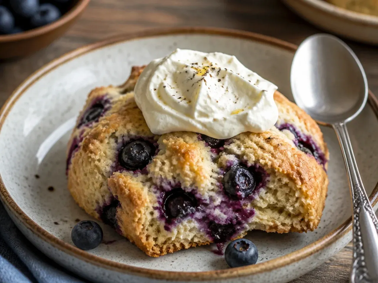 Wholemeal blueberry scones with a darker, speckled crumb cut in half on a cutting board