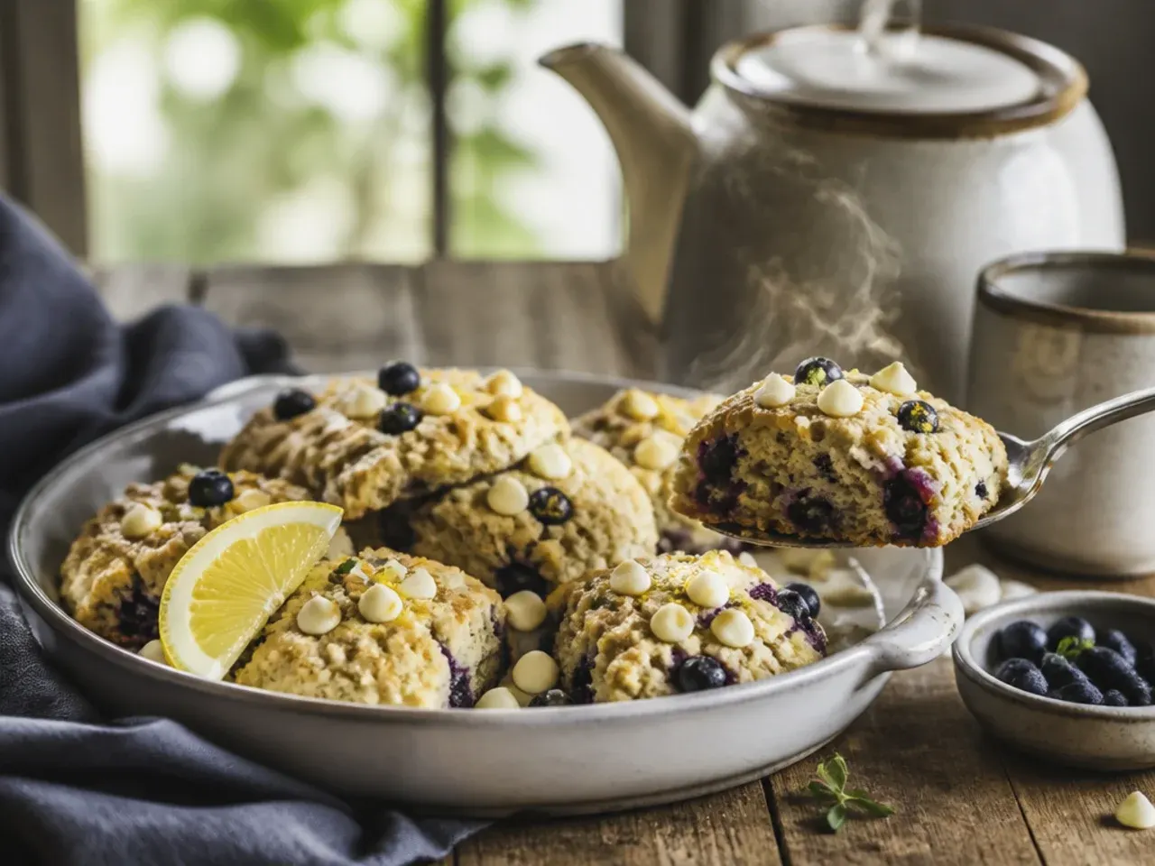Blueberry scones drizzled with melted white chocolate on a cooling rack