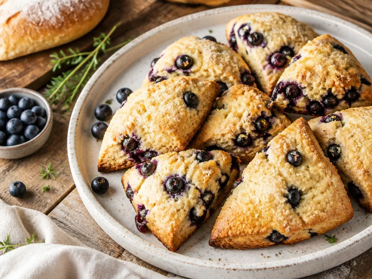 Tall, deeply golden bakery-style blueberry scones with visible flaky layers