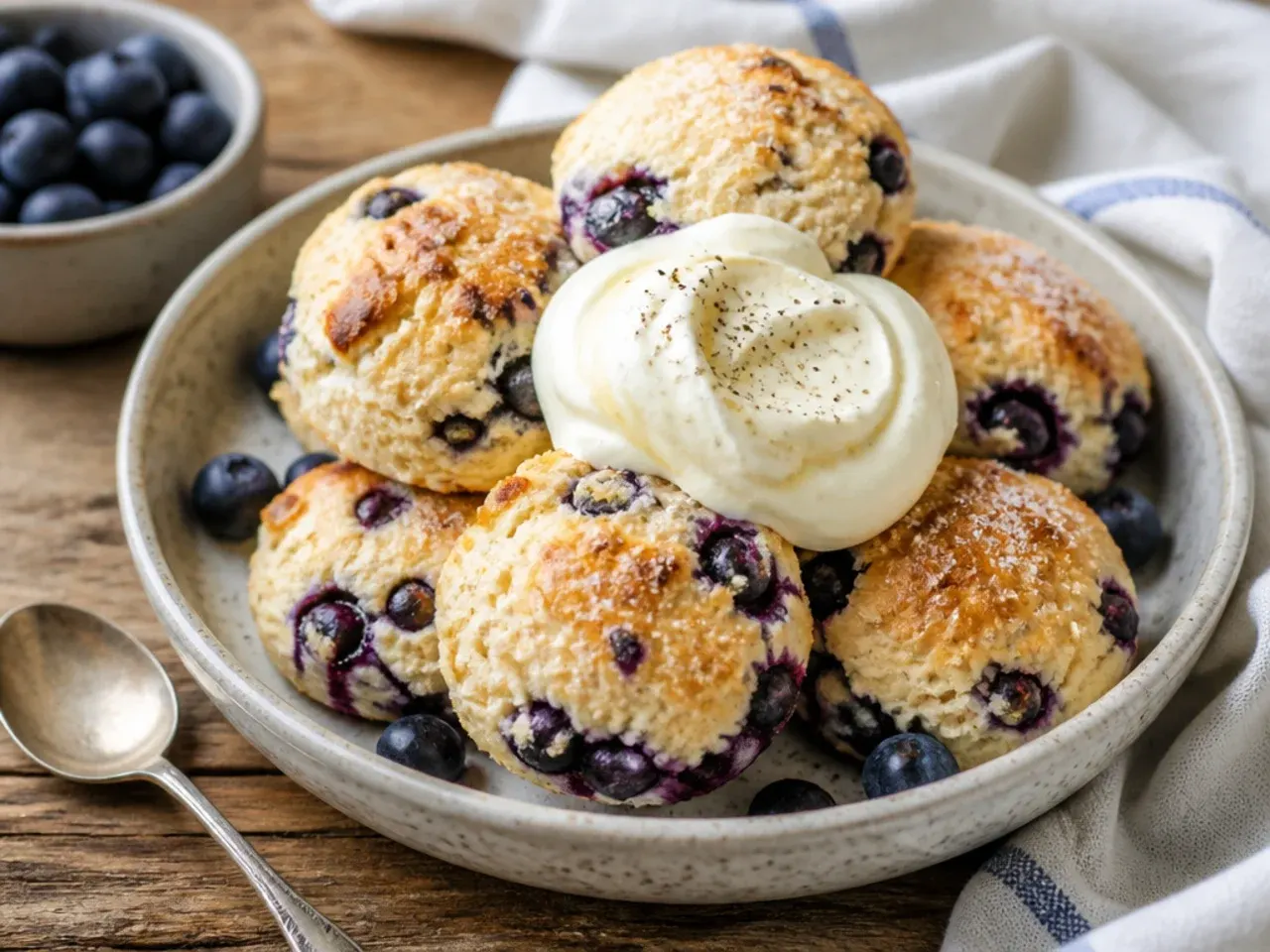 A tall plain blueberry scone served on a china plate with clotted cream and jam for a cream tea