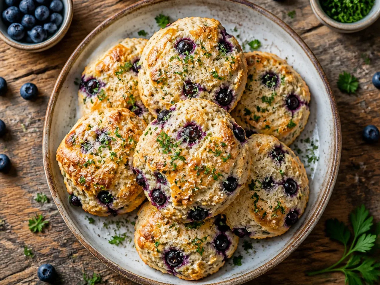 A tub of Greek yoghurt beside a bowl of blueberry scone dough