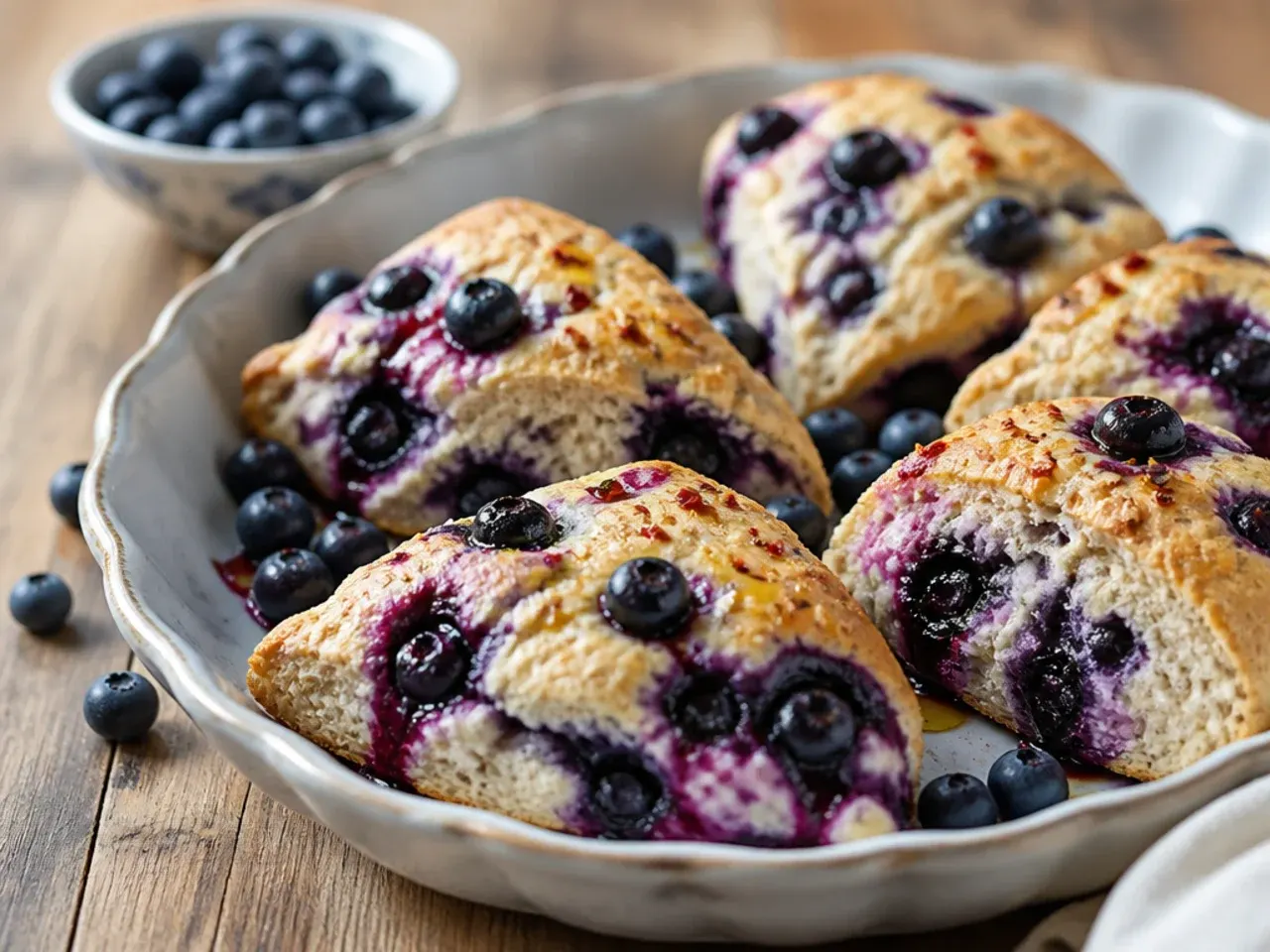A cut blueberry scone showing swirls of purple puree through the crumb alongside whole berries