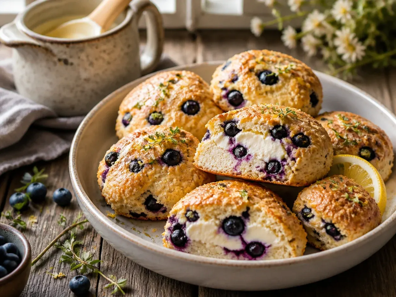 A split blueberry scone filled with sweetened mascarpone cream