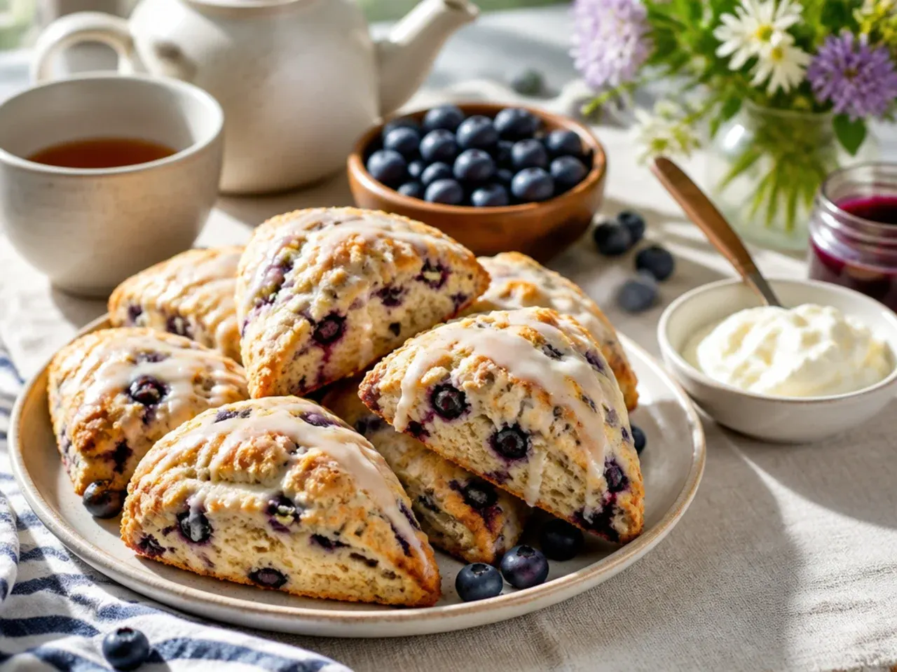 A brunch table spread with several blueberry scone variations, tea, jam and clotted cream