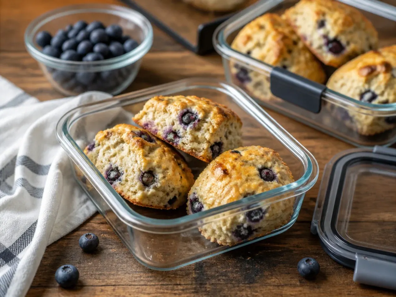Unbaked blueberry scone wedges arranged on a tray ready to be frozen