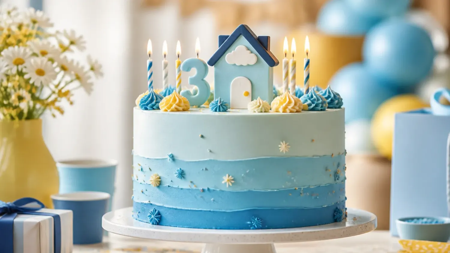 A round two-tone blue and white buttercream birthday cake decorated with white fondant paw prints and an orange collar detail, on a wooden cake stand surrounded by balloons