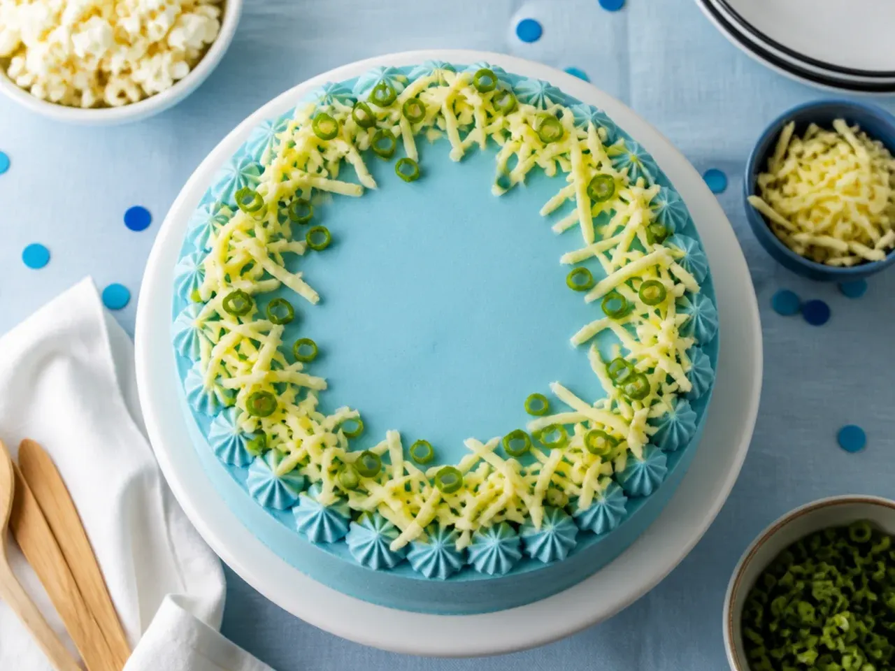 Classic round blue buttercream cake with white piped ear and muzzle shapes and paw prints around the base