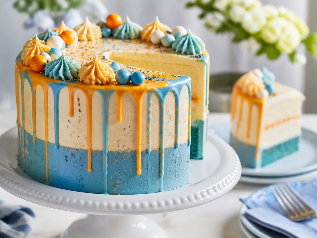 Blue candy melt drip cake with orange and white sprinkles and a small white fondant bone topper