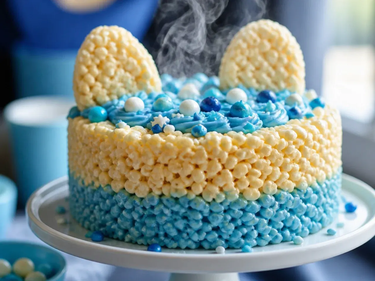 Round blue cake with two large blue rice krispie treat ears propped up on either side like floppy dog ears
