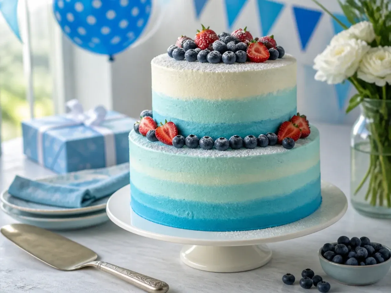 Two-tier cake with a smooth blue ombre gradient from pale blue at the base to navy at the top, finished with an orange paw print