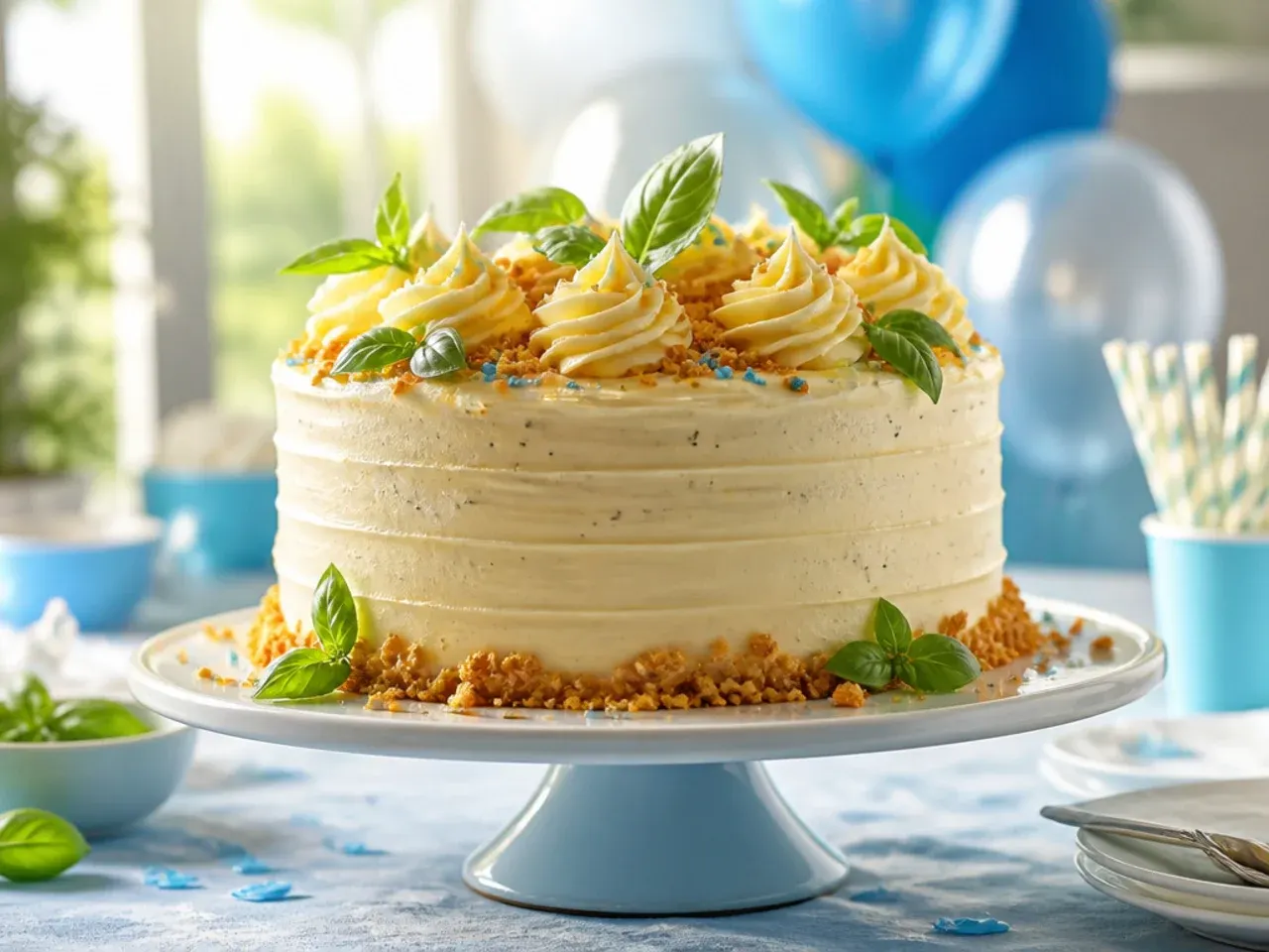 Close-up slice of vanilla bean cake showing visible vanilla seed flecks in the pale sponge and creamy buttercream layer