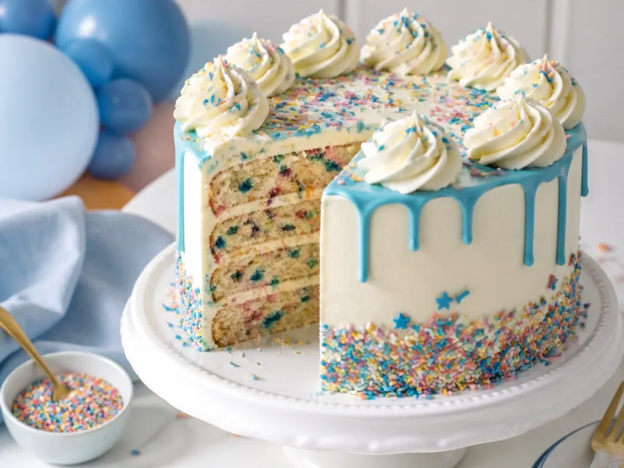 Cut slice of white funfetti cake revealing blue and orange sprinkles baked throughout the sponge