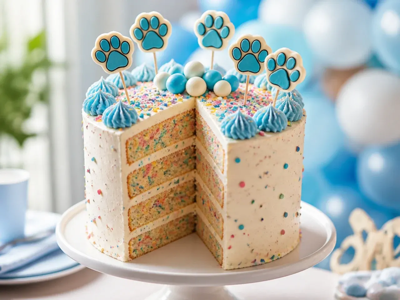 Tall three-layer blue buttercream cake with a neat ring of white and orange fondant paw prints around the top edge