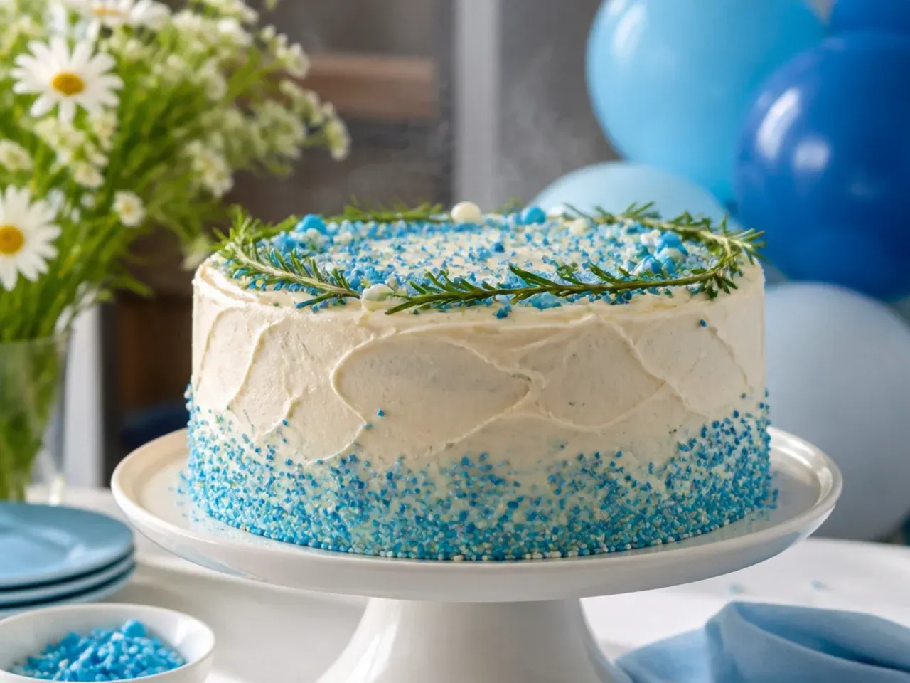 Piped swirls of pale blue cream cheese frosting on top of a round cake with an orange fondant accent