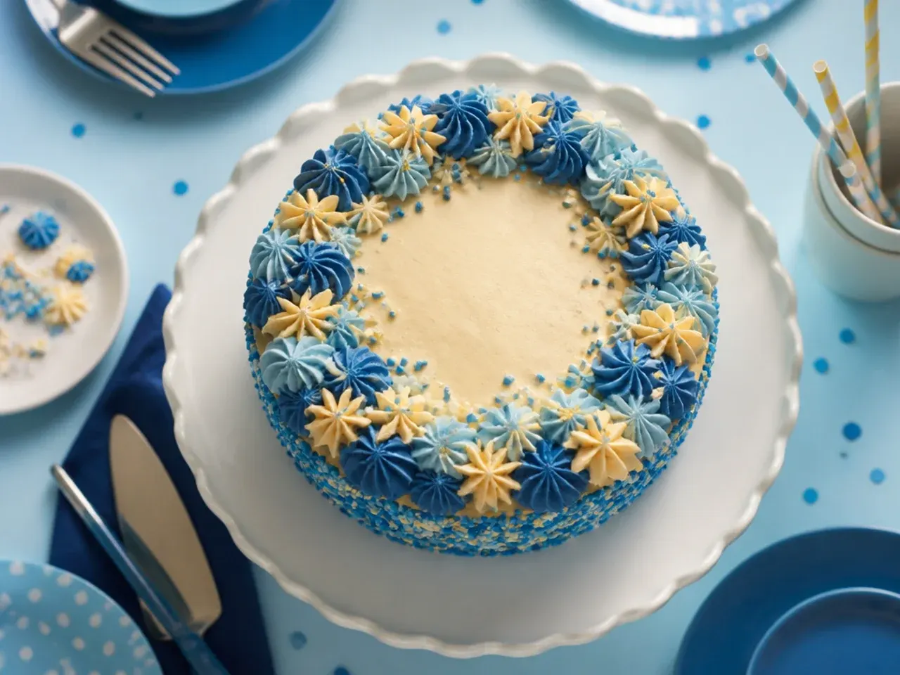 Simple round blue frosted cake made from a box mix with white fondant paw prints, shown next to an empty cake mix box