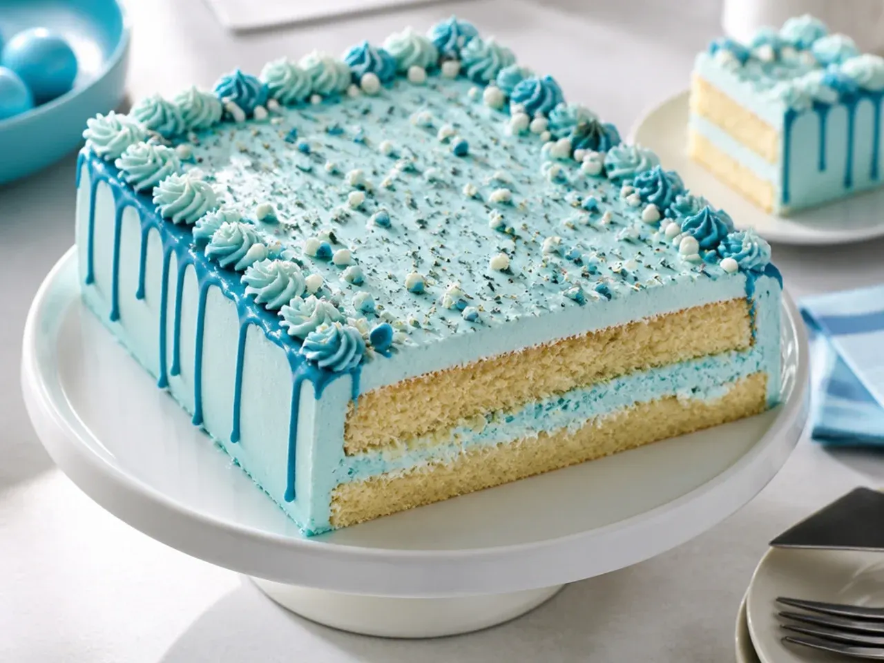 Large rectangular sheet cake with blue frosting, a strip of green grass-textured icing along one edge and white paw prints