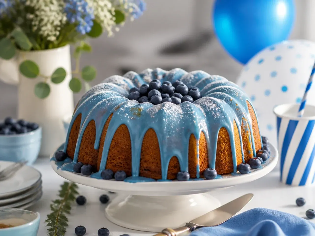 Bundt cake with blue glaze dripping into the fluted grooves, topped with orange and white sprinkles