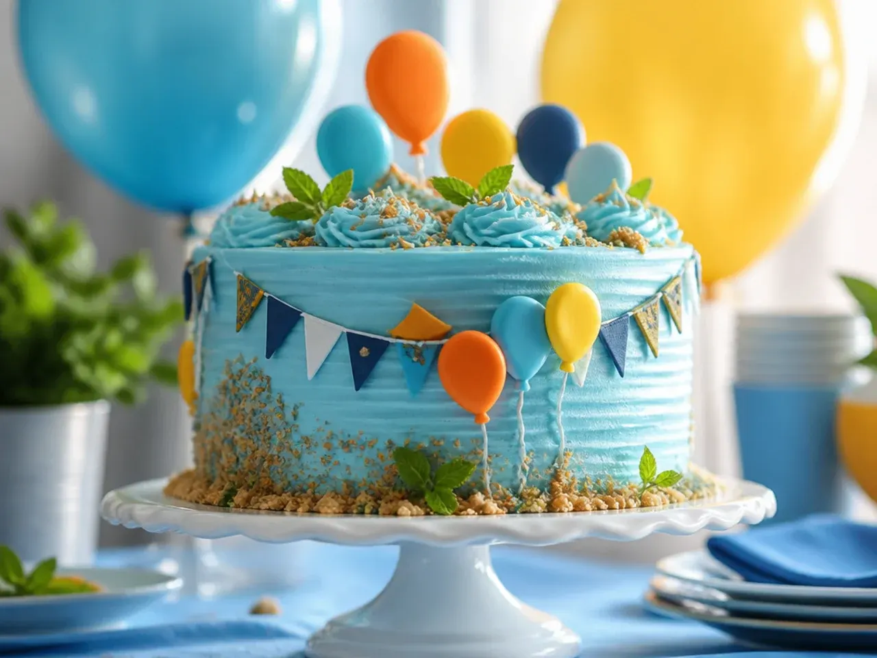 White frosted cake topped with a fan of small blue, orange and white fondant balloon shapes on sticks and a bunting strip