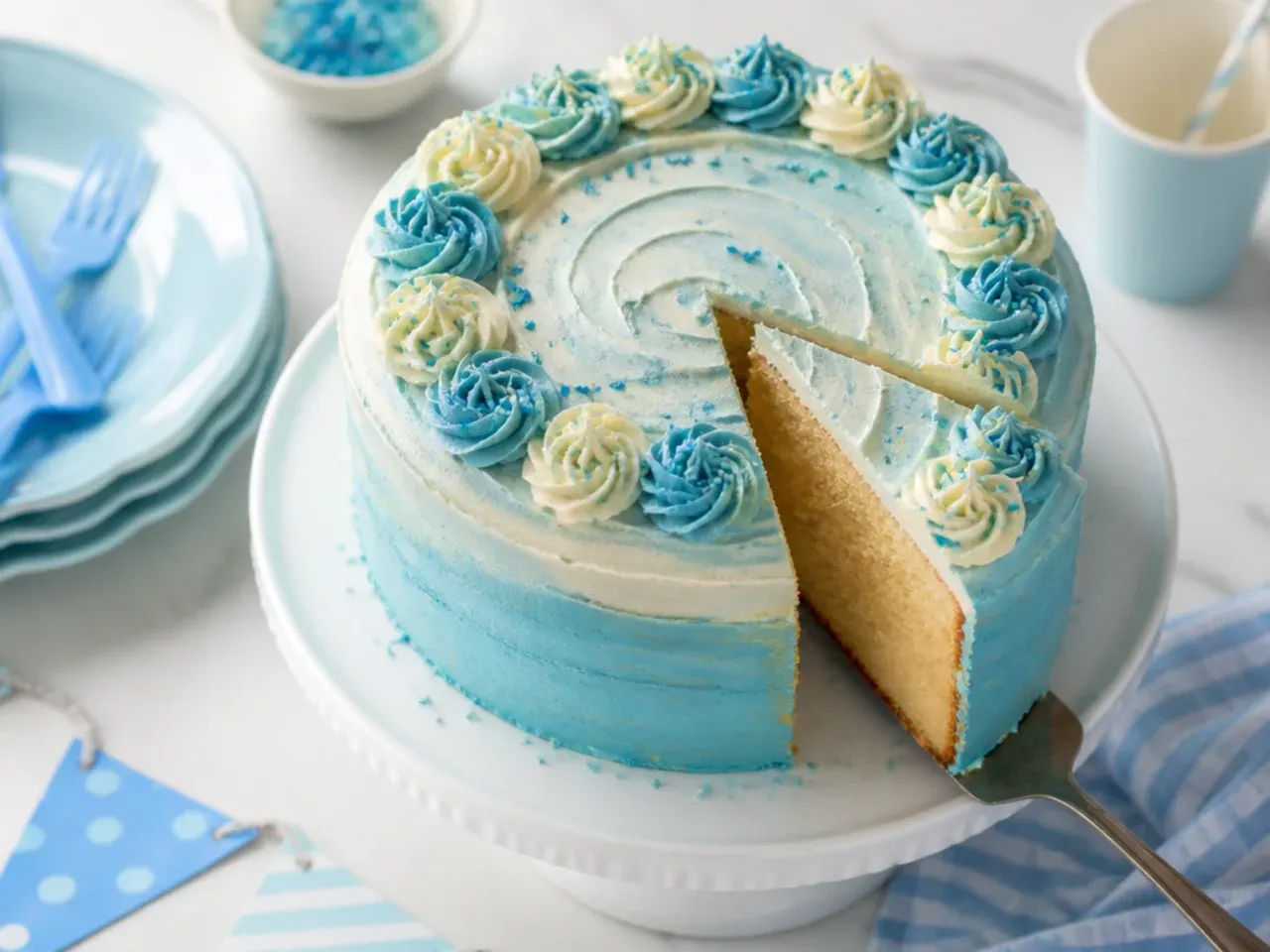 Simple single-layer round cake with quick whipped blue frosting and scattered paw print sprinkles on top