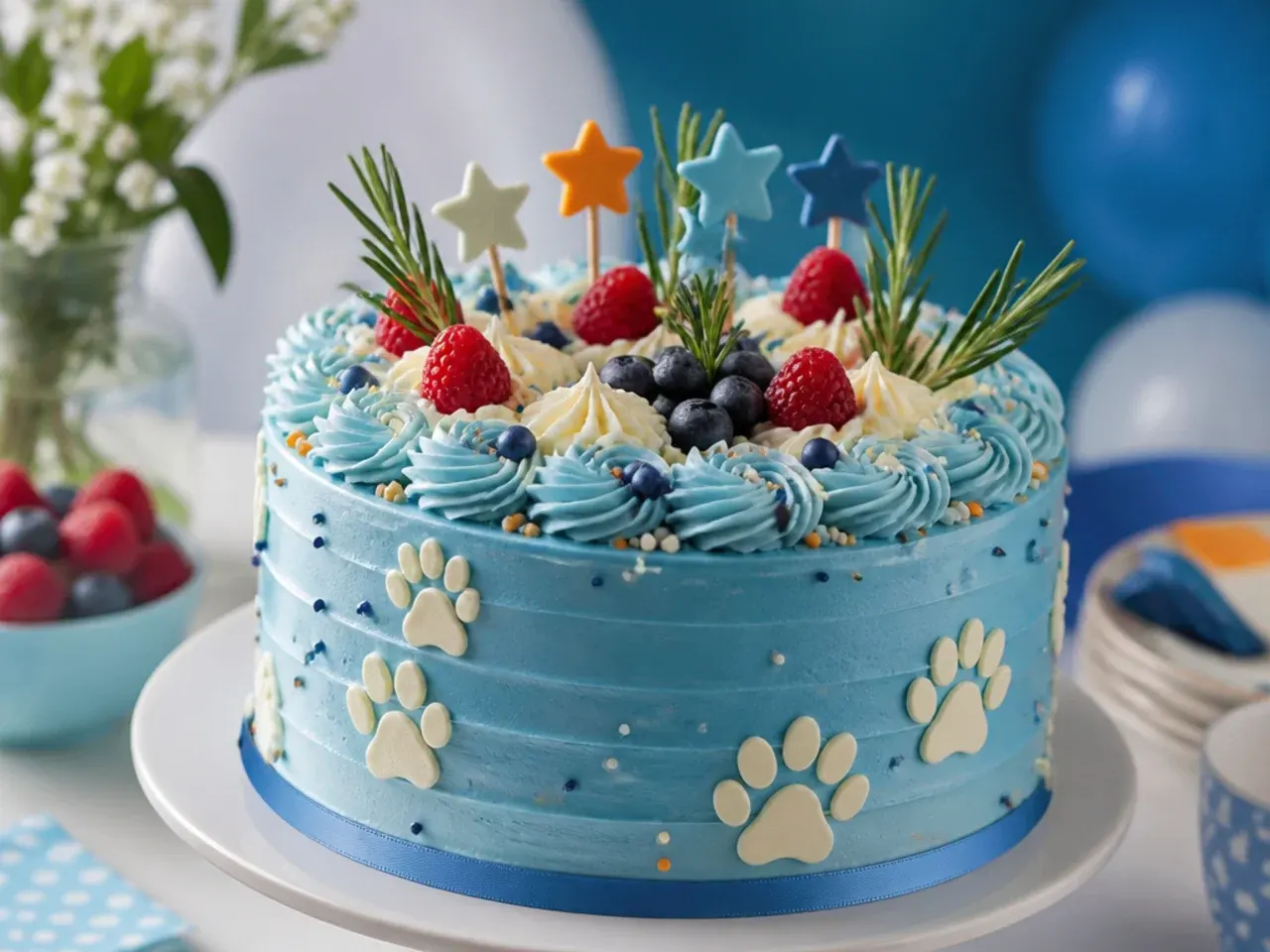 Fully scratch-made vanilla layer cake with a trail of white fondant paw prints leading from the base up the side