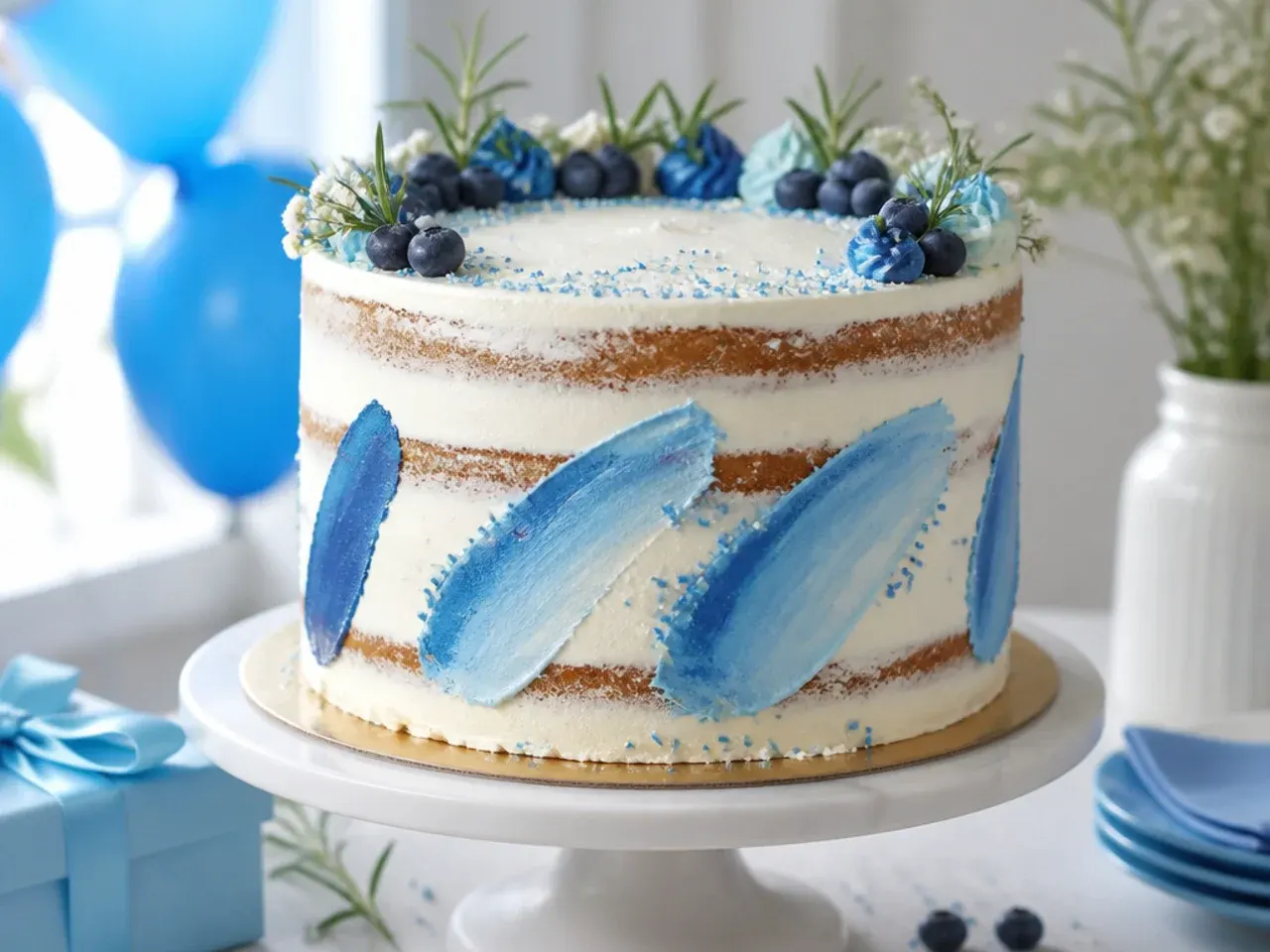 Naked-style cake with loose vertical swipes of blue and white buttercream showing sponge layers underneath, topped with flowers