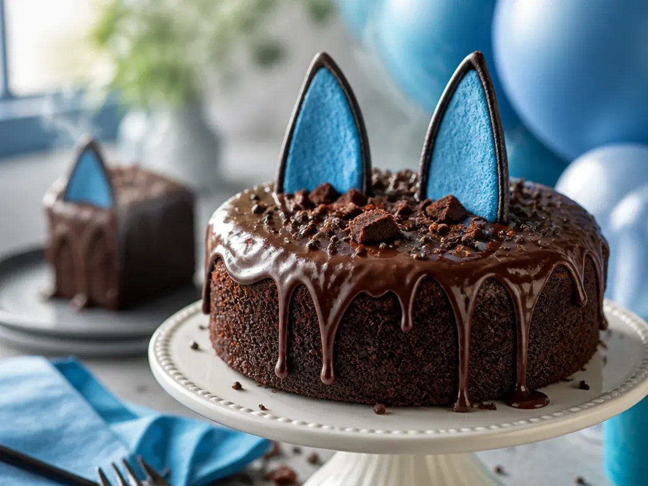 Rich chocolate cake covered smoothly in blue fondant with two floppy fondant ear shapes and a white muzzle patch