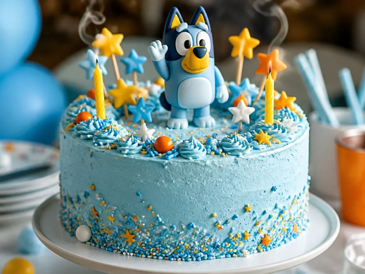 Plain round blue frosted cake with a small cluster of dog figurine toys standing on top as the decoration