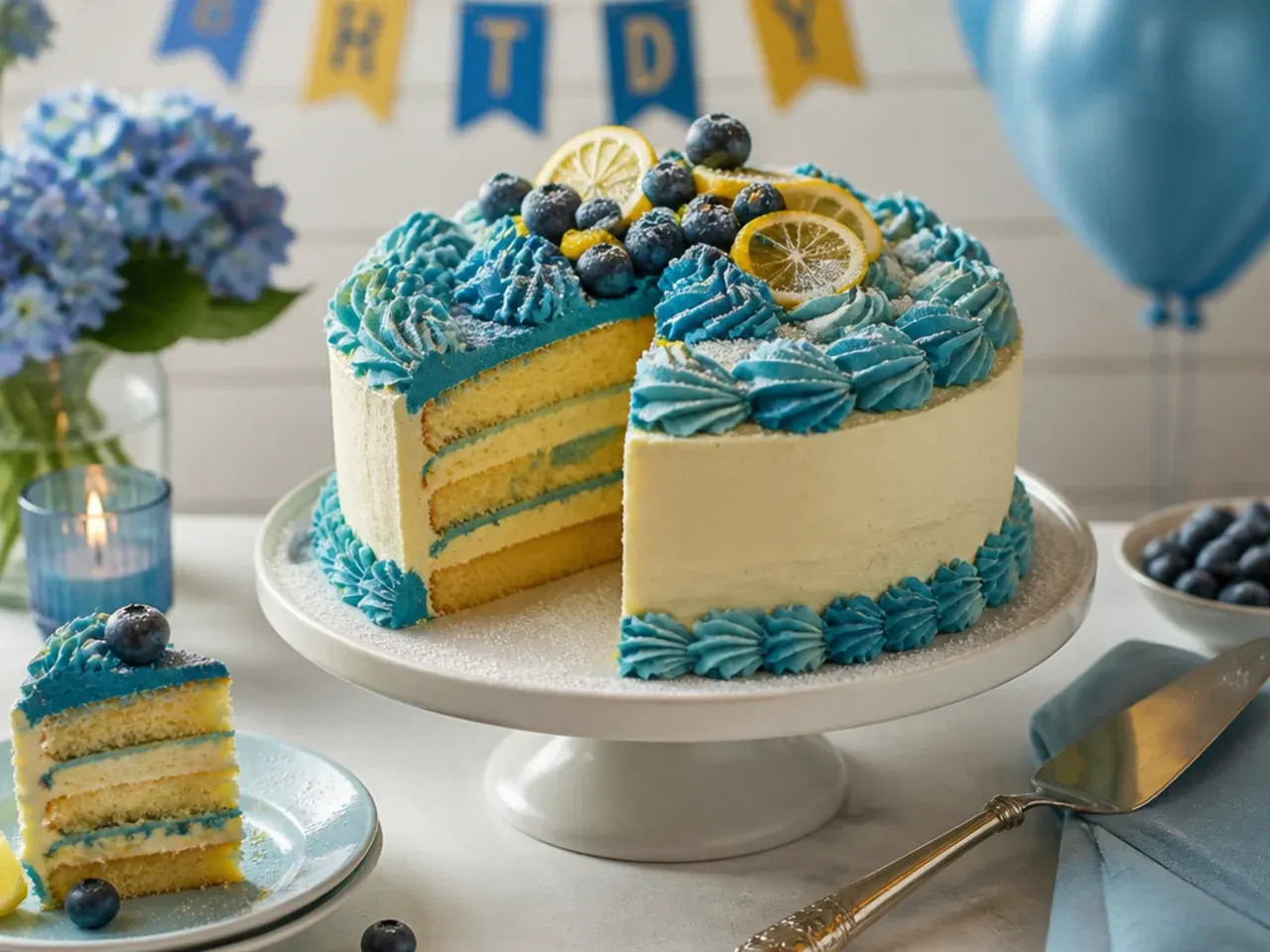 Lemon cake topped with large alternating blue and white buttercream rosette swirls and small orange fondant dots