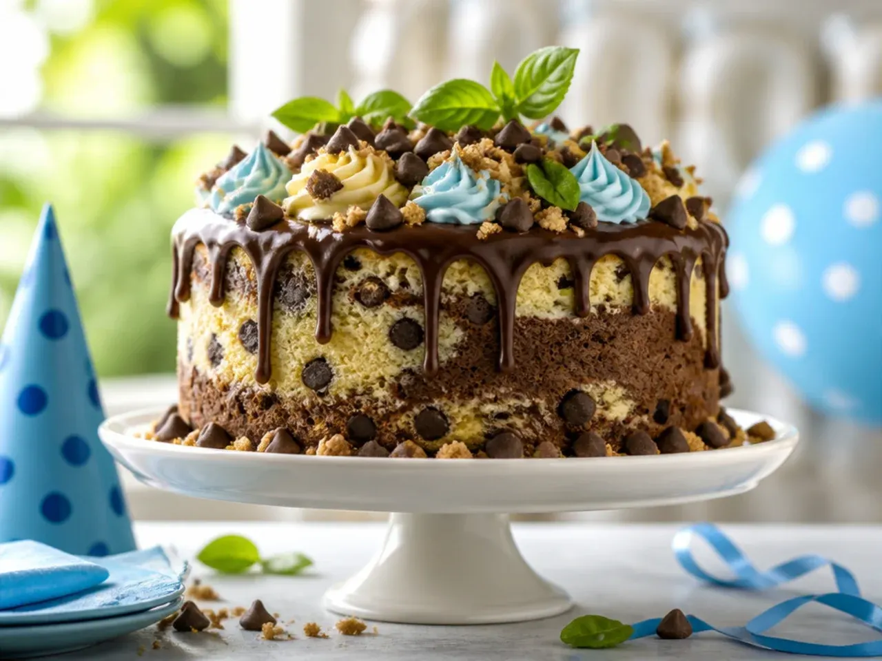 Cut slice of marbled blue and vanilla cake with visible chocolate chips throughout, topped with white frosting