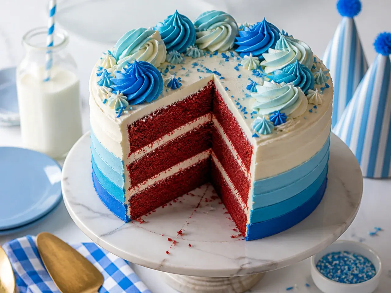 Red velvet cake with white cream cheese frosting, blue and orange piped shell borders, and fondant paw prints up one side