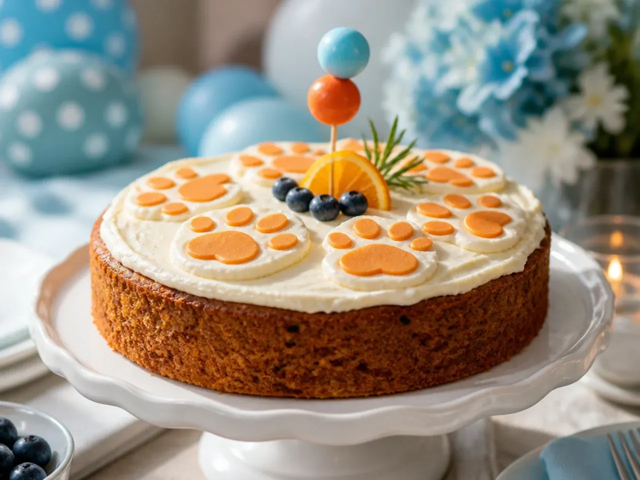 Spiced carrot cake with mostly white cream cheese frosting and small piped blue and orange paw prints on top