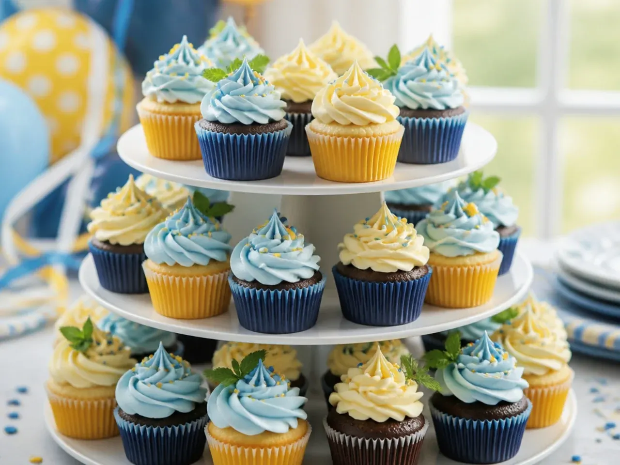 Three-tier stand filled with mini cupcakes frosted in alternating blue, white and orange with paw print sprinkles on top
