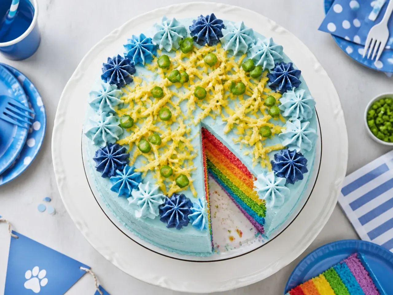 Cut slice of cake revealing four hidden coloured rainbow layers inside, with a plain white outer frosting