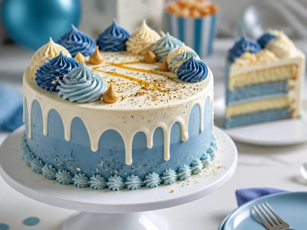 Smooth blue fondant-covered cake with dried white and orange fondant paw print decorations applied to the surface