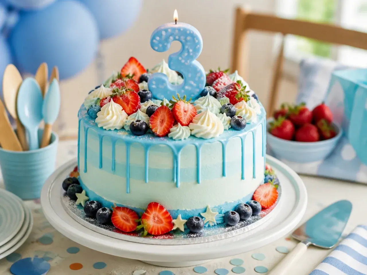 Round blue and white frosted cake with a large number-shaped candle in the centre surrounded by fondant paw prints
