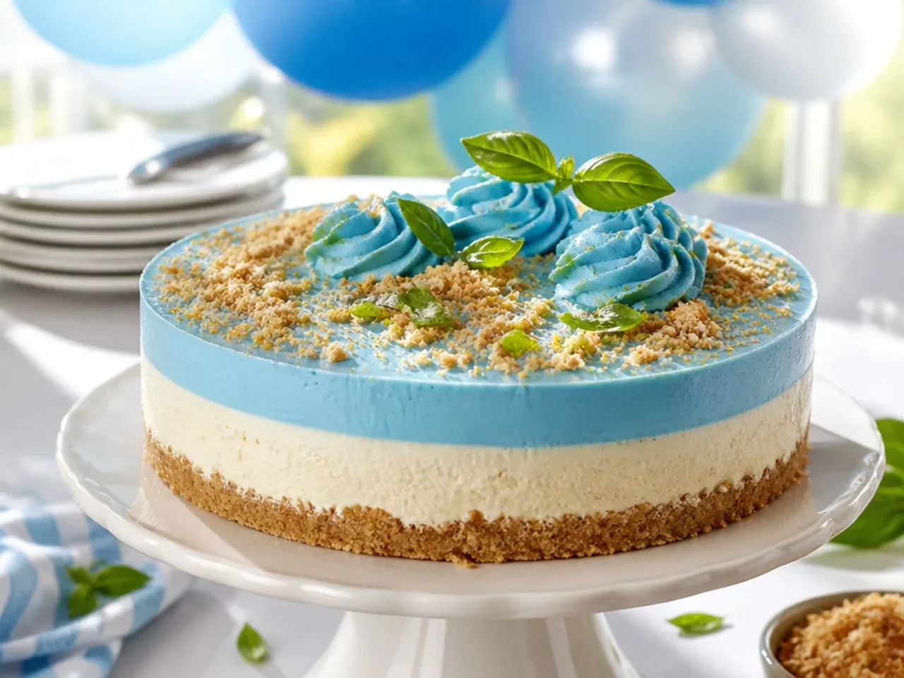 No-bake cheesecake with a biscuit base, topped with pale blue whipped cream and a piped white paw print pattern