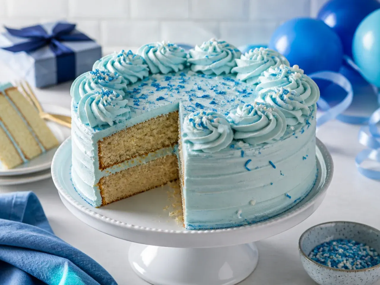 Dense banana cake with pale blue cream cheese frosting, orange fondant paw prints and chopped walnuts around the base