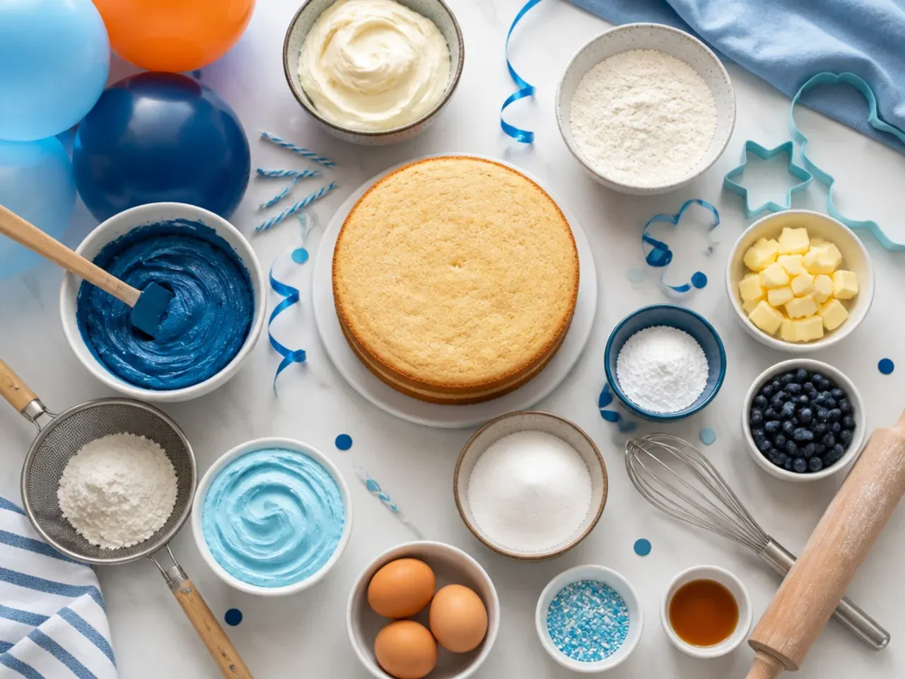 Baking tools laid out including a bench scraper, piping bags, gel food colours and fondant cutters
