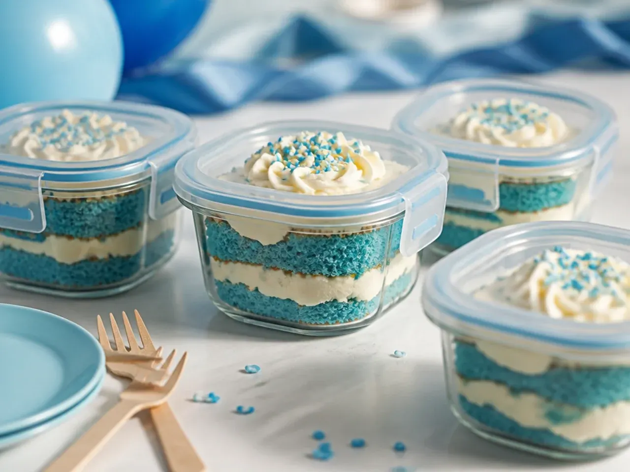 Slice of leftover birthday cake stored in an airtight container next to wrapped frozen sponge layers