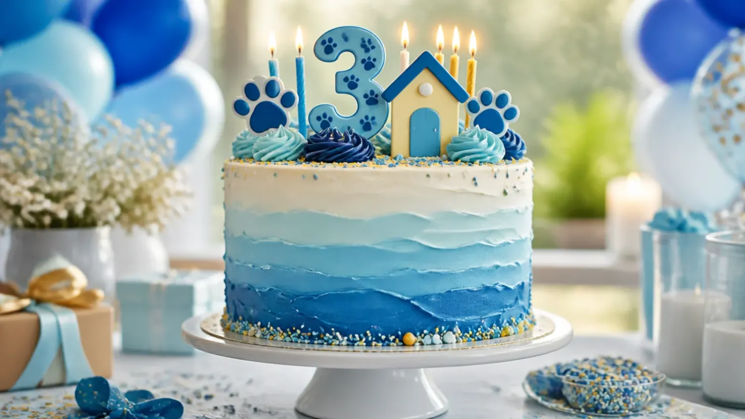 A round two-tone blue and orange buttercream cake decorated with piped paw prints and a fondant dog topper, styled as a Bluey-inspired birthday cake