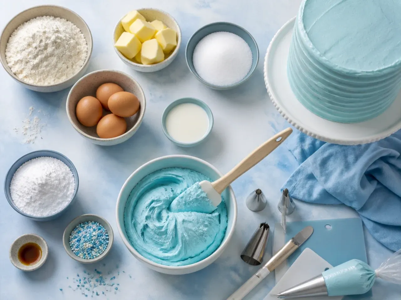 Three small bowls of buttercream in light blue, dark navy blue and orange, showing gel food colouring being mixed in with a spatula