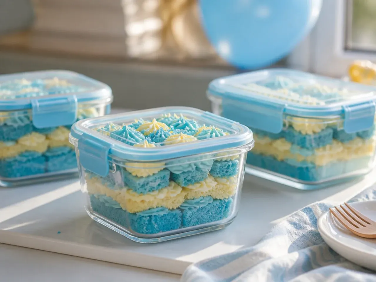A finished decorated Bluey-style buttercream cake under a clear cake dome on a kitchen counter