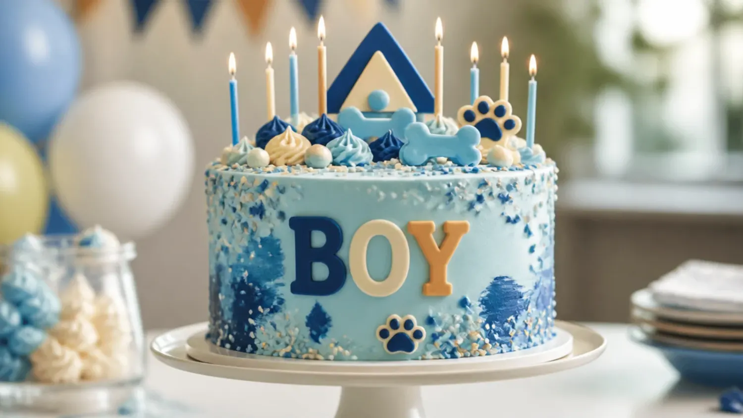 A blue and tan buttercream birthday cake decorated with paw prints and a fondant dog-ear topper for a Bluey-inspired birthday boy party