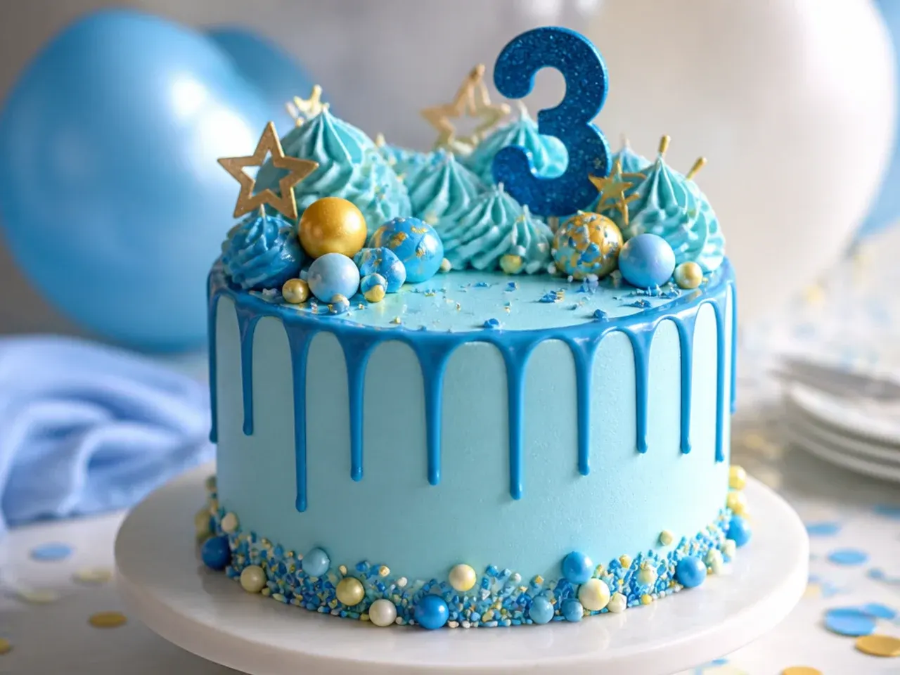 Overhead shot of a blue and tan themed birthday cake surrounded by paw print decorations and candles