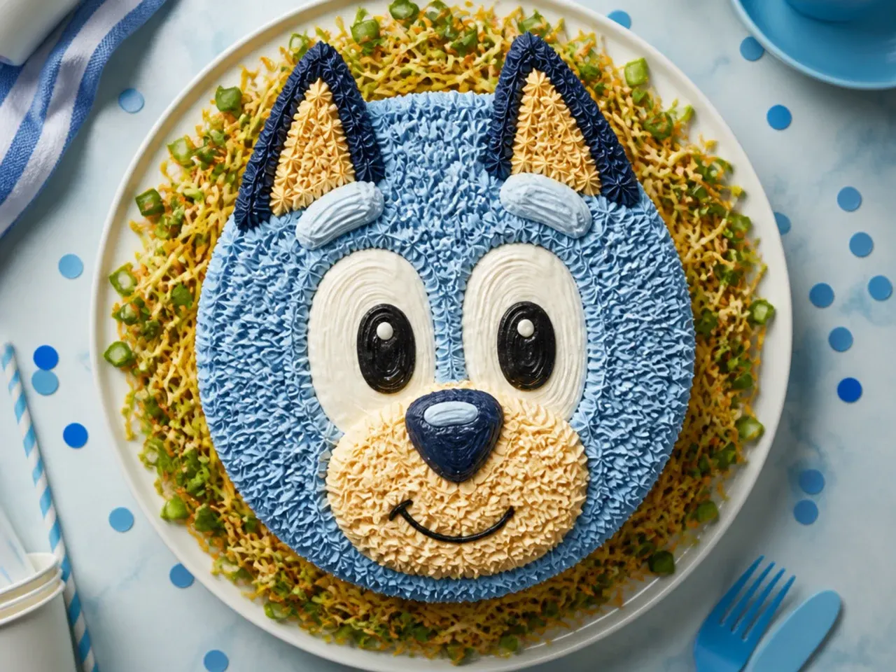 Round buttercream cake decorated as a blue heeler dog face with pale blue and tan icing